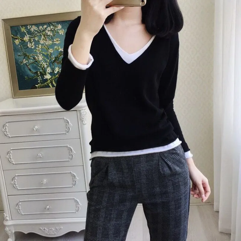 LHZSYY Spring Autumn New Women's V-Neck Cashmere sweater Fashion Stitching Bottoming Shirt Knit Pullover Wool Wild Warm Sweater