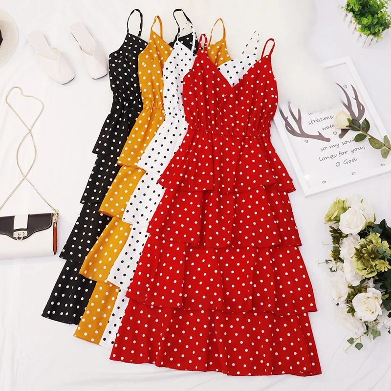 

SINGRAIN Women Dot Strap Dress Summer Sleeveless Tiered Midi Sundress vintage polka dot cami dress bohemian chiffon party dress