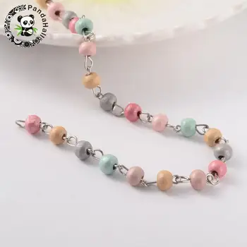 

Round Handmade Wood Beaded Chains, with Brass Findings, Silver Color, 6x5mm; about 95pcs/strand, 39.3"