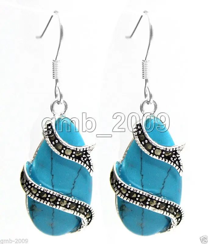 

hot sell new - FASHION 925 STERLING SILVER BLUE TURQUOISE GEMS MARCASITE DROP DANGLE EARRINGS