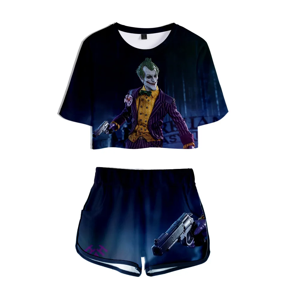 HAHA Joker/комплект из двух предметов, летняя хлопковая Футболка с принтом костюм на Хэллоуин с сумасшедшей улыбкой, шорты укороченный топ, модные топы и шорты, штаны