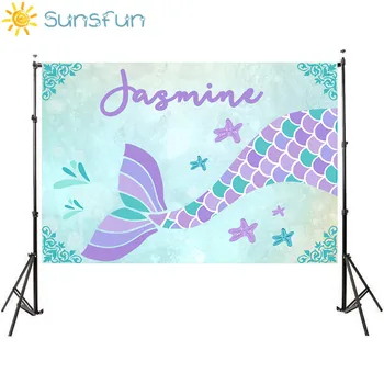 

Sunsfun Girls Mermaid Birthday Party Backdrop For Photo Studio Custom Name Mint Theme Backgrounds Photocall 220x150cm