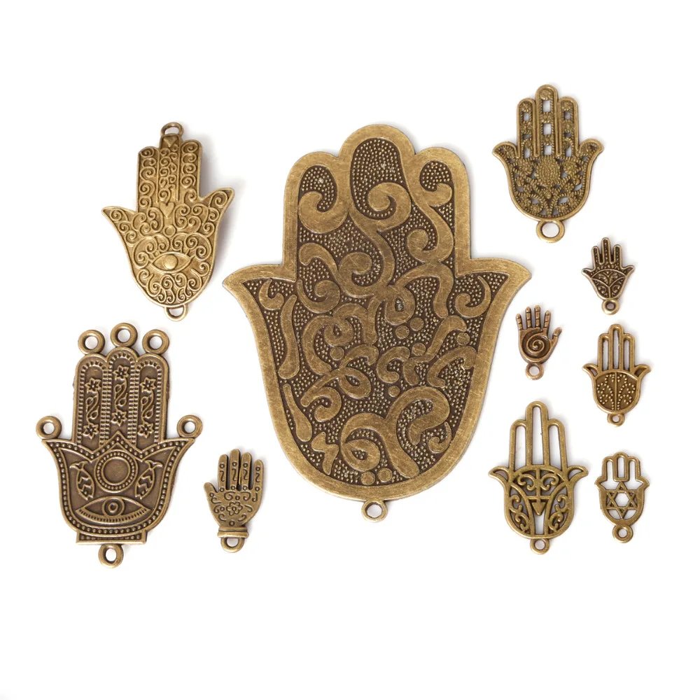 

New Arrival Antique Bronze Plated Zinc Alloy Hamsa Hand Palm Charms For Necklace Pendants DIY Jewelry Making Craft,10 Sizes