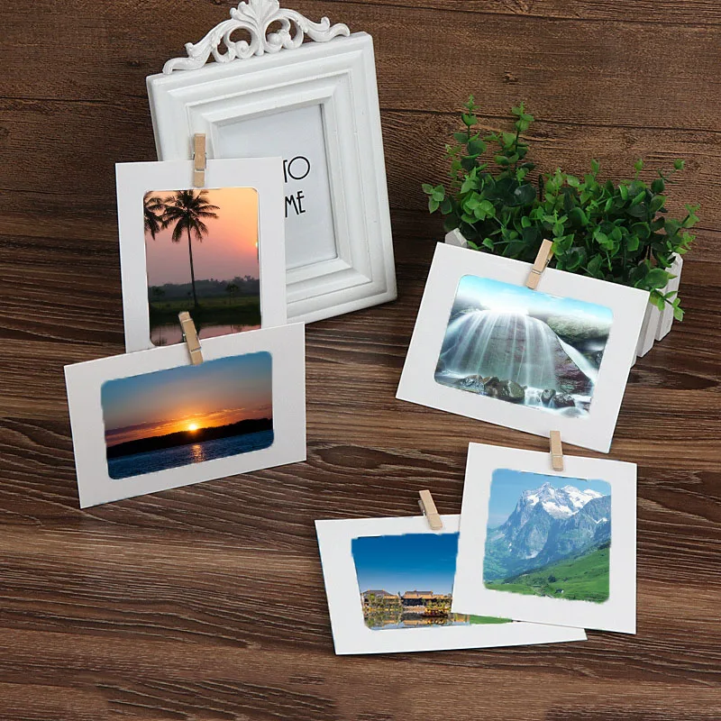

10pcs Home 6 Inch Rectangle Paper Photo Frame with Wood Clips Wall Picture Album DIY Hanging Rope Picture Frame Home Decor