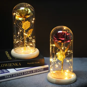 

LED Gold Rose In Flask Glass Dome Beauty and The Beast Red Rose Wreaths Eternal Love Valentines Day Gift Mother Day Present
