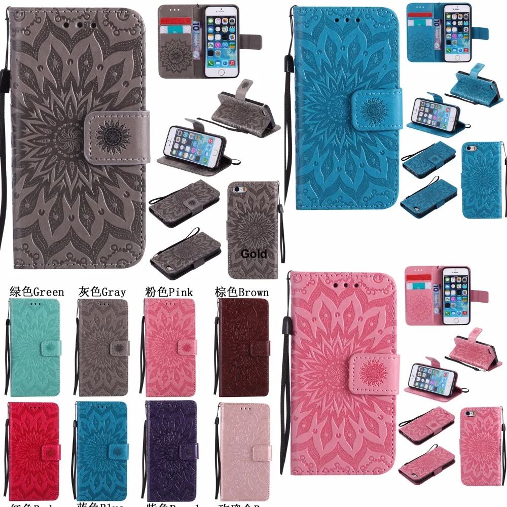 

3D Embossing Sun Flower Flip Case For iPhone 5 5s 6 6s 7 8 Plus X Touch 5 6 Wallet PU Leather Stand Cover Shockproof Case Phones