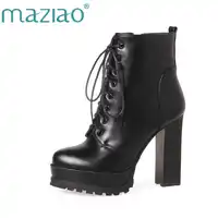 MAZIAO 2019 Women Ankle Boots Square High Heel Lace Up Roued Toe Women Platform Black Ladies Motorcycle Boots Size 33-43