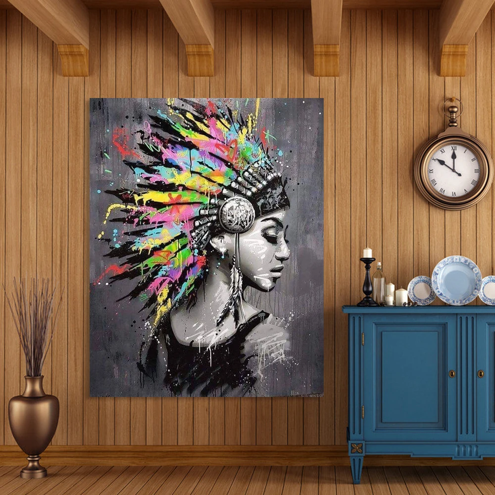 Fashion Style Black Curly Hair Woman poster Feather Headdress Painting Canvas Wall Art Pictures for Living Room Home Decor | Дом и сад