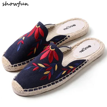 

Women's Canvas embroidery flower slip-n flats slides summer leisure soft comfortable sandals fashion female footwear mules shoes