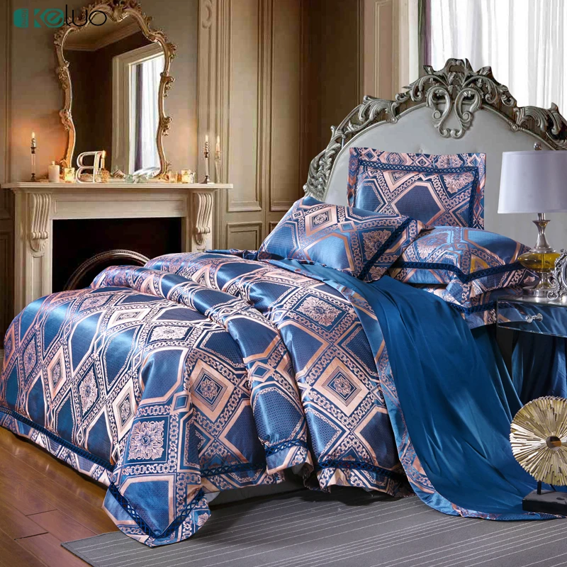 

KELUO Jacquard Silk Cotton Bedding Set King Size Queen Bed Set Lace Duvet Cover Bed Sheet Pillow case Wedding Royal Blue
