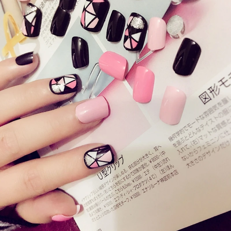 

24Pcs/Set D56 no gule Black + Hot Pink Acrylic Nail Tips Short False Nails Art Fingernails