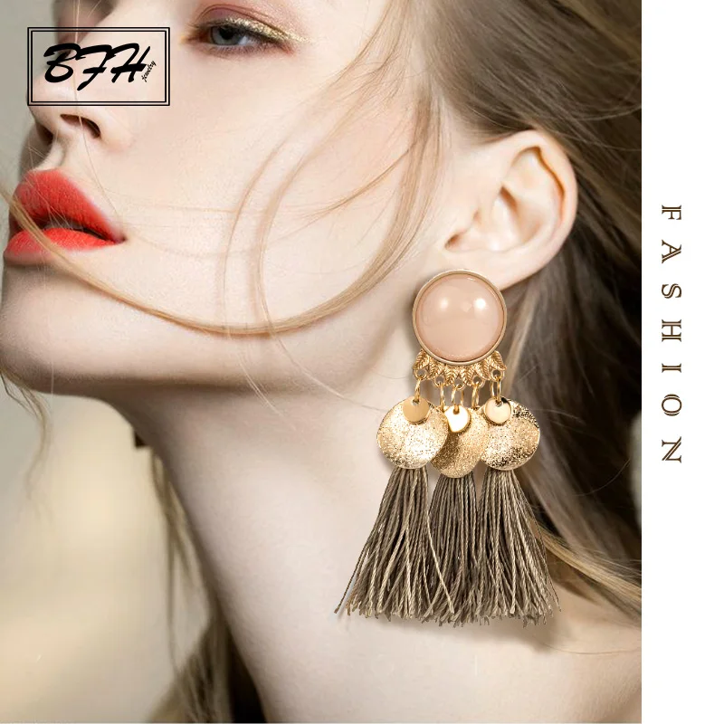 

BFH Fashion Ethnic Woman Dangle Drop Earrings Round Resin Tassel Earrings for Women Bohemia Summer Jewelry Pendientes oorbellen
