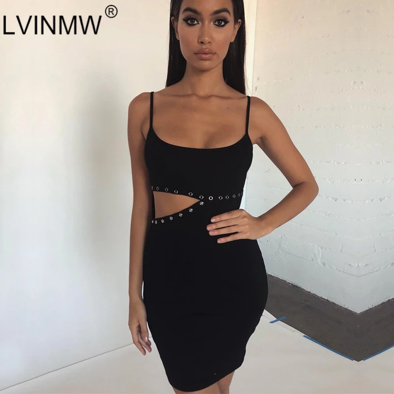 LVINMW Sexy Black Spaghetti Straps Hollow Out Bodycon Dress 2019 Summer Women Backless Off Shoulder Mini Party Dresses | Женская одежда