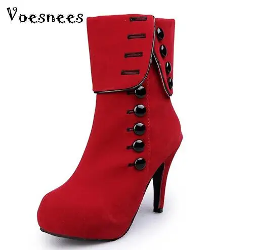 

Plus Size Winter Snow Boots Women Mid-Calf Boots High Heels Red Platform Flock Buckle Boots Ladies Shoes Female Botas Feminina