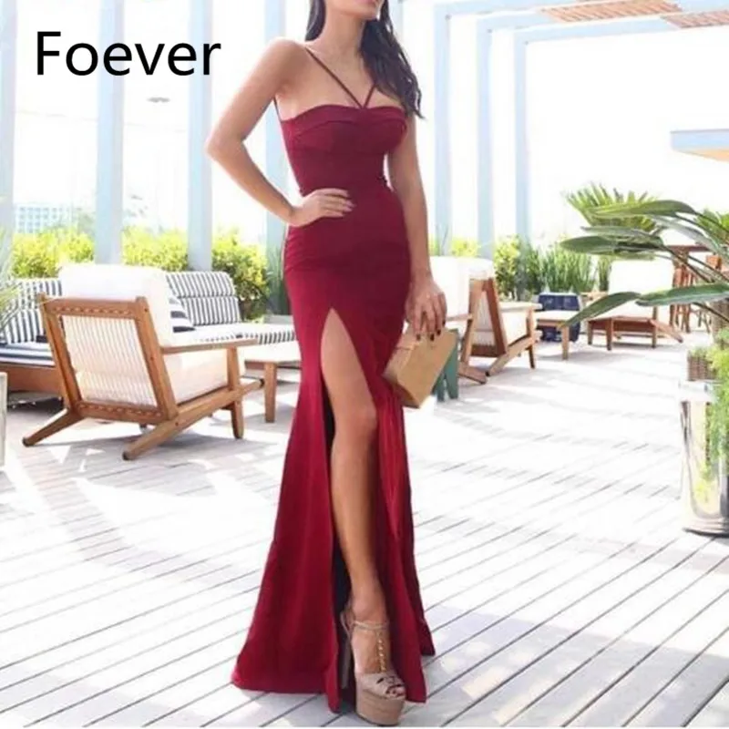 

Jersey Burgundy Dress 2019 Halter High Leg Slit Mermaid Sexy Evening Dress