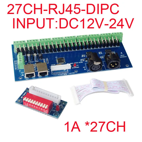 

new high quality 1pcs DC12V-24V DMX-27CH-RJ45--DIPC led dimmer 1A*27CHdecoder led RGB controller FOR led strip led lamp