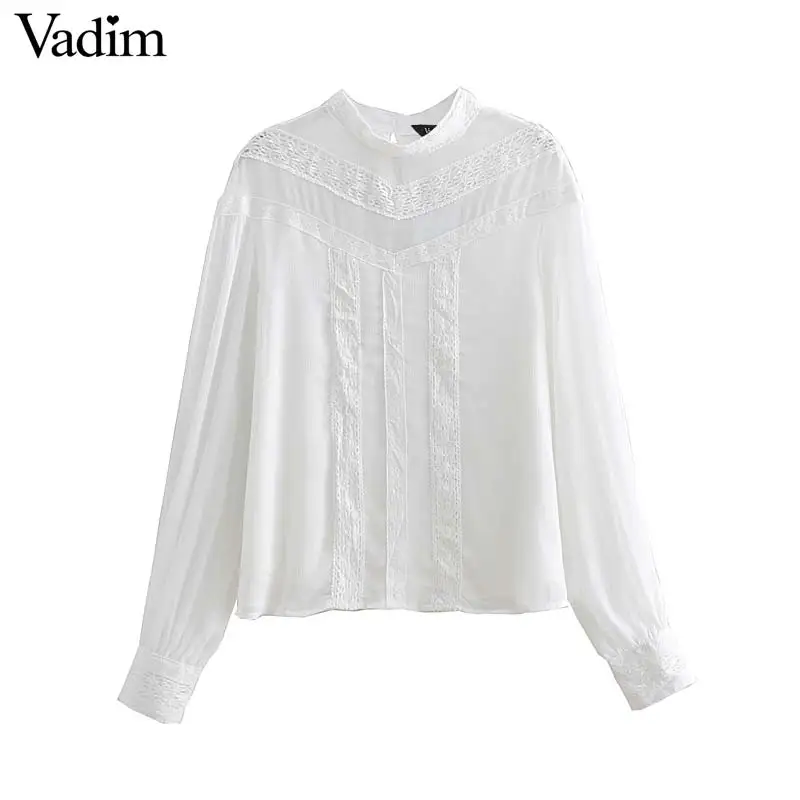 

Vadim women sweet lace patchwork chiffon blouse long sleeve O neck white shirts solid female casual chic tops blusas LA755