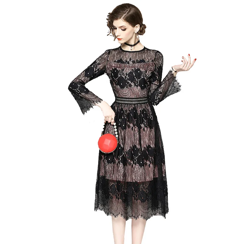 

HAMALIEL New Arrival Women Lace Party Dress 2018 Runway Autumn Black Patchwork Long Sleeve Vintage Slim Hollow Out Dress Vestido