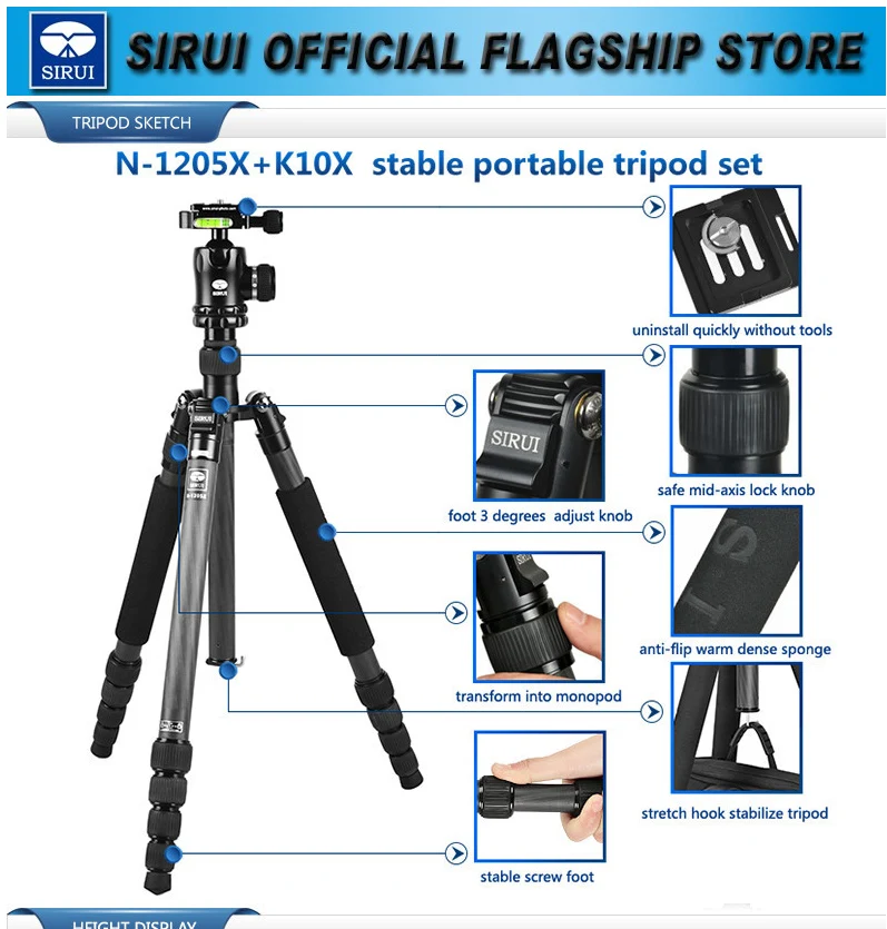 

N-1205X Carbon Fiber Tripod K10X Ball Head Portable Flexible Monopod 5 Section Max Loading 10kg DHL Free Shipping SIRUI N1205X