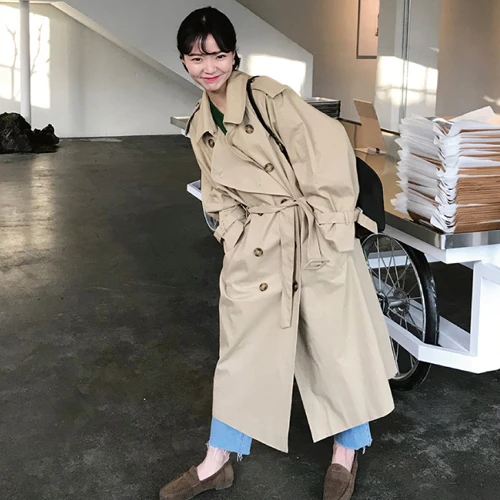 Women Autumn Long Sleeve Double Breasted Long Trench Coat