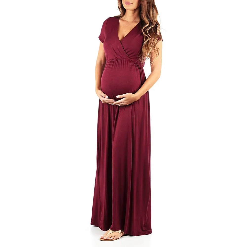

2Colors Maternity Breastfeeding Dresses Summer Solid V-Neck Pregnancy Nursing Maxi Dress Casual Clothes For Pregnant Women