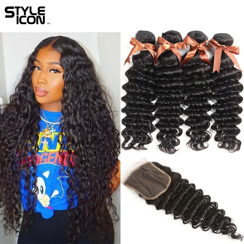 

Styleicon Brazilian Loose Deep Wave Bundles with Closure 100% Loose Deep Wave Bundles Hair Extensions with Closure Natural Color