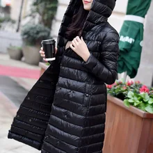 X-long ультра тонкий светильник с капюшоном Женский пуховик с длинными рукавами Тонкий теплый зимний пуховик Верхняя одежда Осень