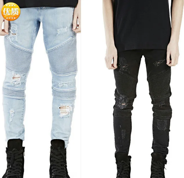 

Street Hole BIKER JEANS Stereo Cutting, Body Modification, Elastic Small-foot Locomotive Jeans Tide