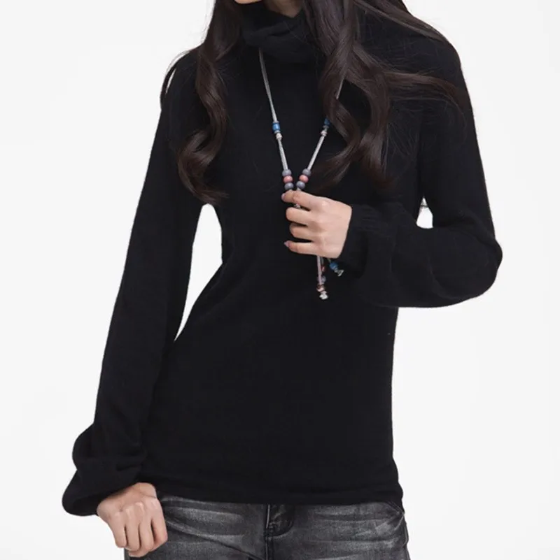 Lafarvie качественный модный вязаный свитер из смеси на основе кашемира женские топы зима осень с пышными рукавами водолазка Женский Пуловер Джемпер - Цвет: Черный