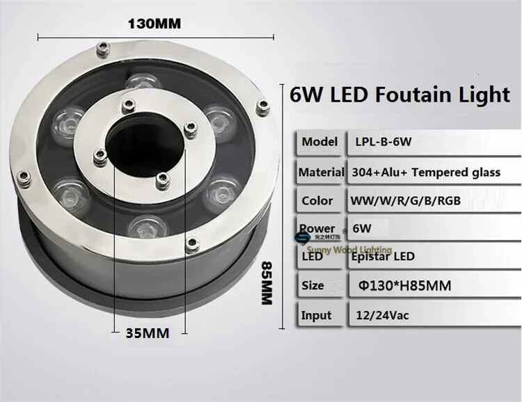 Фонтан со светодиодным освещением, IP68 Подводные лампы высокой мощности Светодиодный свет бассейна 6 Вт 12 В переменного тока светодиодный пейзаж подводный светильник LPL-B-6W-12VAC
