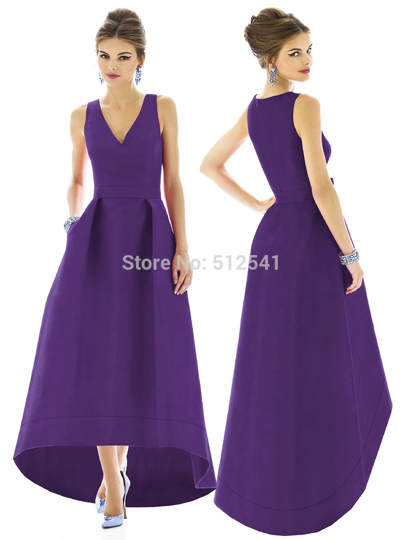 

Hi-Lo Purple Prom Dresses V Neck A Line Ruffle Zipper Back Short Front Long Back Formal Evening Gowns yk1A883