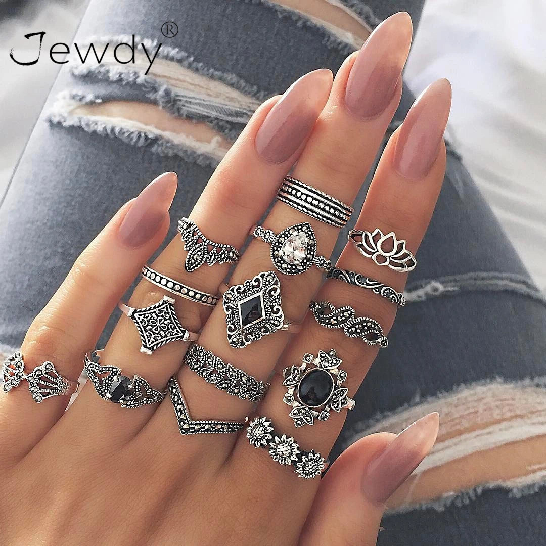 

15 PCS/Set Bohemia Knuckle Ring Set Bague Femme Jewelry Vintage Crystal Rings for Women Fashion Silver Color Anillos Mujer