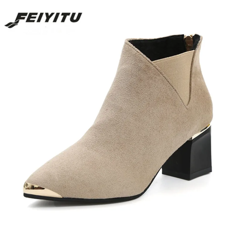 

feiyitu New 2018 Autumn Winter Fashion Woman Boots High Heels women Leather Ankle Boots Sexy Pointed Toe Metal Martin Boots blac