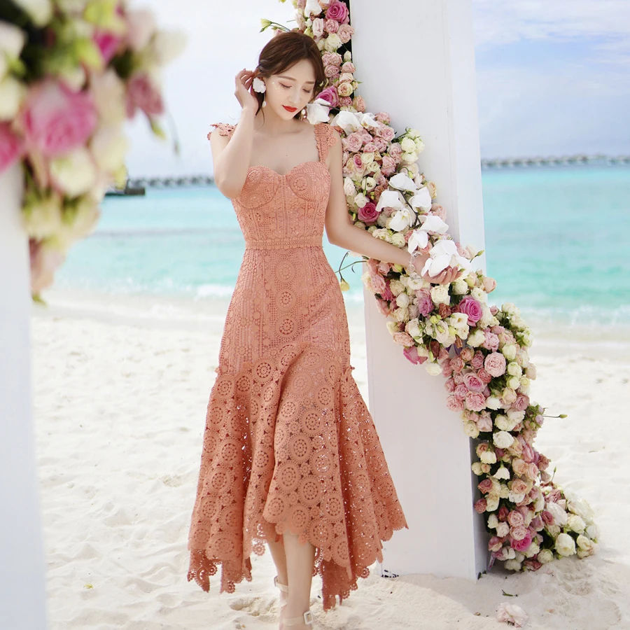 HAMALIEL Women Orange Irregula Lace Dress Runway Summer Halter Strapless Bodycon Long Dress Sexy Hollow Out Crochet Beach Dress