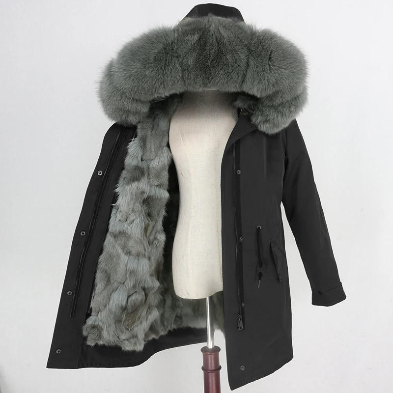 Женское пальто со съемным мехом OFTBUY, бежевая непромокаемая длинная парка с натуральным лисьим мехом, верхняя одежда, зима - Цвет: black light green