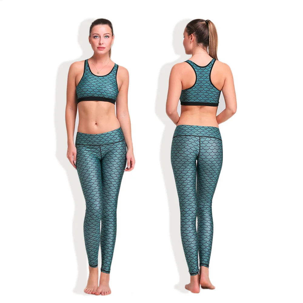 2016 NEW Women Yoga sets Fish Scale Tank Vest Tree Sunset 3D Digital Printing Elastic Breathable Girl Sports Yoga Legging Suits