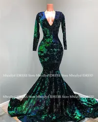 Сексуальная Русалка v-образным вырезом черный и зеленый Sequin африканские платья для выпускного вечера 2019 с длинными рукавами сексуальное