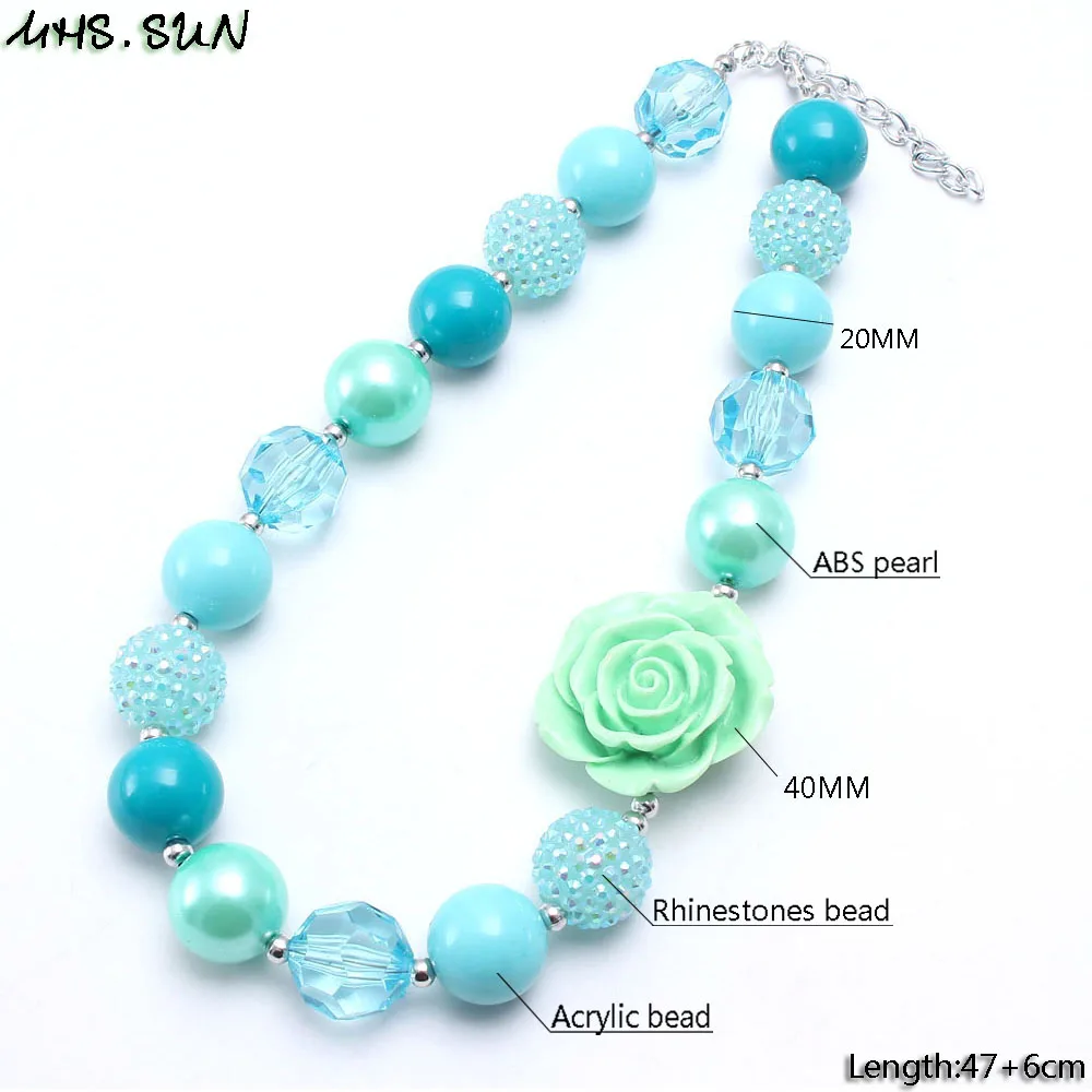 BN629-2 Kids Girls Rose Flower Light Blue Chunky Beads Necklace Fashion Child Baby Beads Necklace Chunky Bubblegum Jewelry 1Pcs