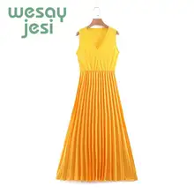 dress women maxi long Yellow Pleated Midi Women Dress Summer V-neck Sleeveless Dresses Woman Dress Elegant Evening 2019