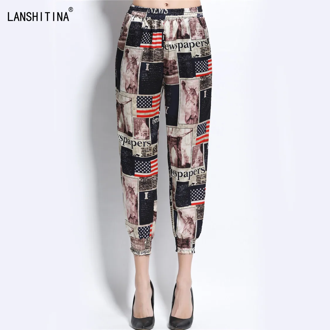 Summer Women Chiffon Casual Capris Pants Fashion American Flag 3D Print