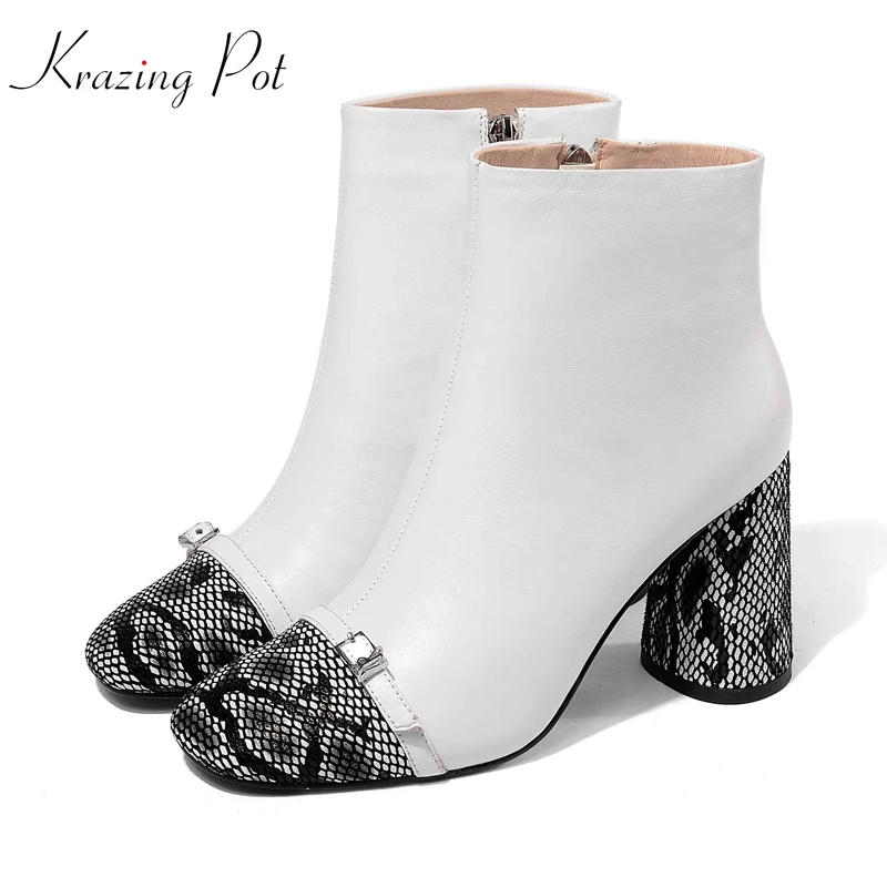 

Krazing Pot 2018 genuine leather fashion boots style round toe mixed color embroidery round high heels keep warm ankle boots L77
