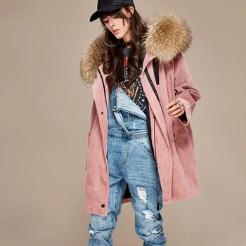 

High Fashion New Women's Parkas Detachable Liner Real Raccoon Fur Oversize Winter Parkas Corduroy Loose Coats Jackets Hot Sale