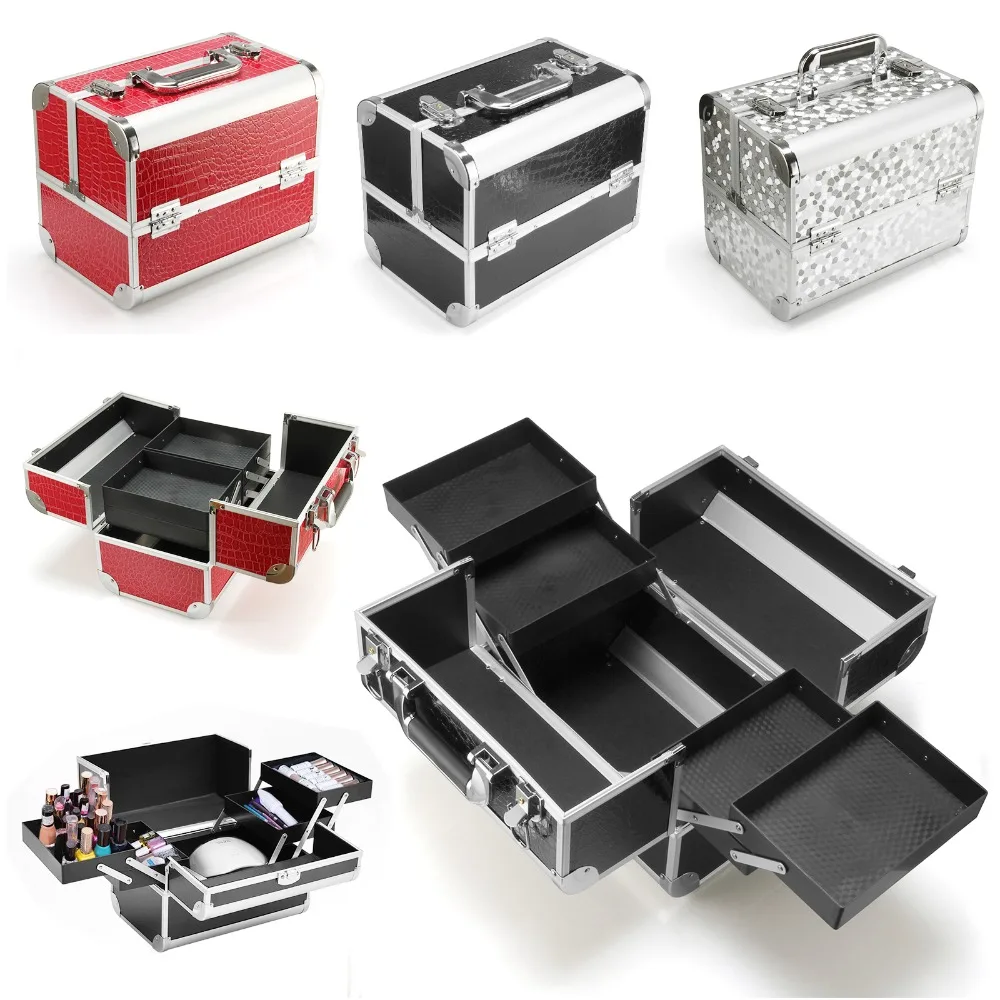 

Portable Cosmetic Box Extendable Professional Makeup Aluminum Makeup Train Jewelry Storage Box Cosmetic Lockable Case Organizer