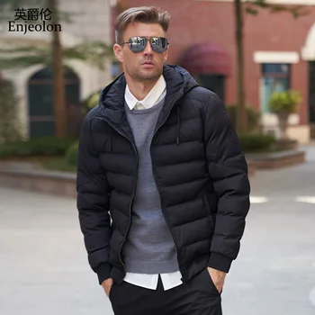 

Enjeolon Brand winter Cotton Padded Jacket coat Men Windproof hoodies Parka black solid Thick Quilted Coat Men MF0283