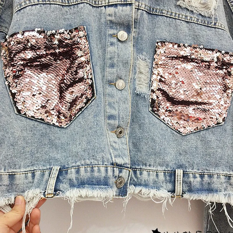 Best  FTLZZ Hole Jean Jacket Women Spring Short Sequin Denim Jacket Splice Autumn Female Jacket Spring Ja