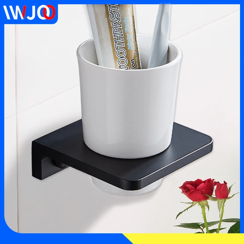 Toothbrush Holder Black Aluminum Single Glass Cup Tumbler Holder Bathroom Accessories Tooth brush Holder Set Wall Mounted