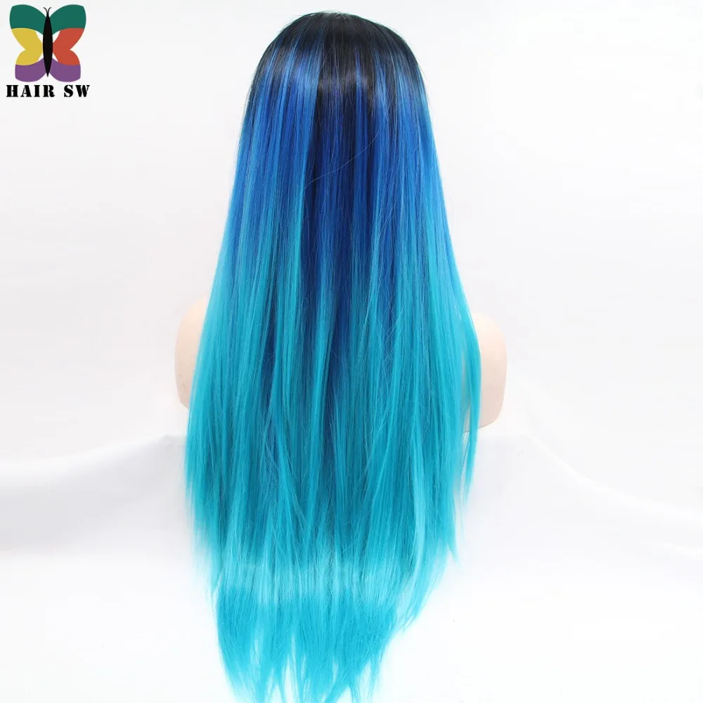 hair sw long straight synthetic lace front wig dark blue to light