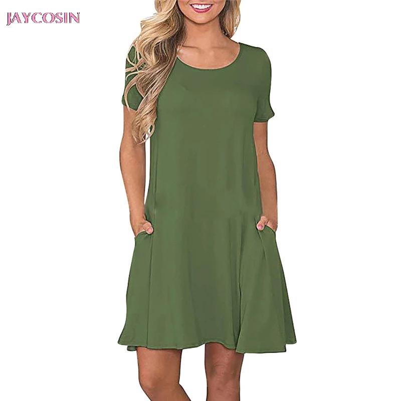 

JAYCOSIN 2019 Seasonal Dress Fashion Women O Neck Pure Color Leisure Time Pocket Short Sleeve Dress Plus Size S- 2XL Drop #0713
