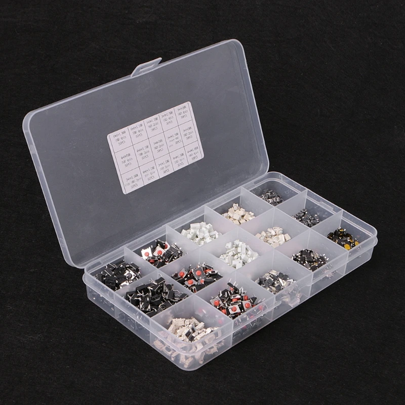 

750 Pcs 15 Value Tactile Push Button Switch Micro Switch Momentary Assortment Kit