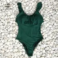 CUPSHE Donkergroen Ruche Een stuk Badpak Vrouwen Solid Beach Badpak Monokini 2018 Meisje Sexy Badmode